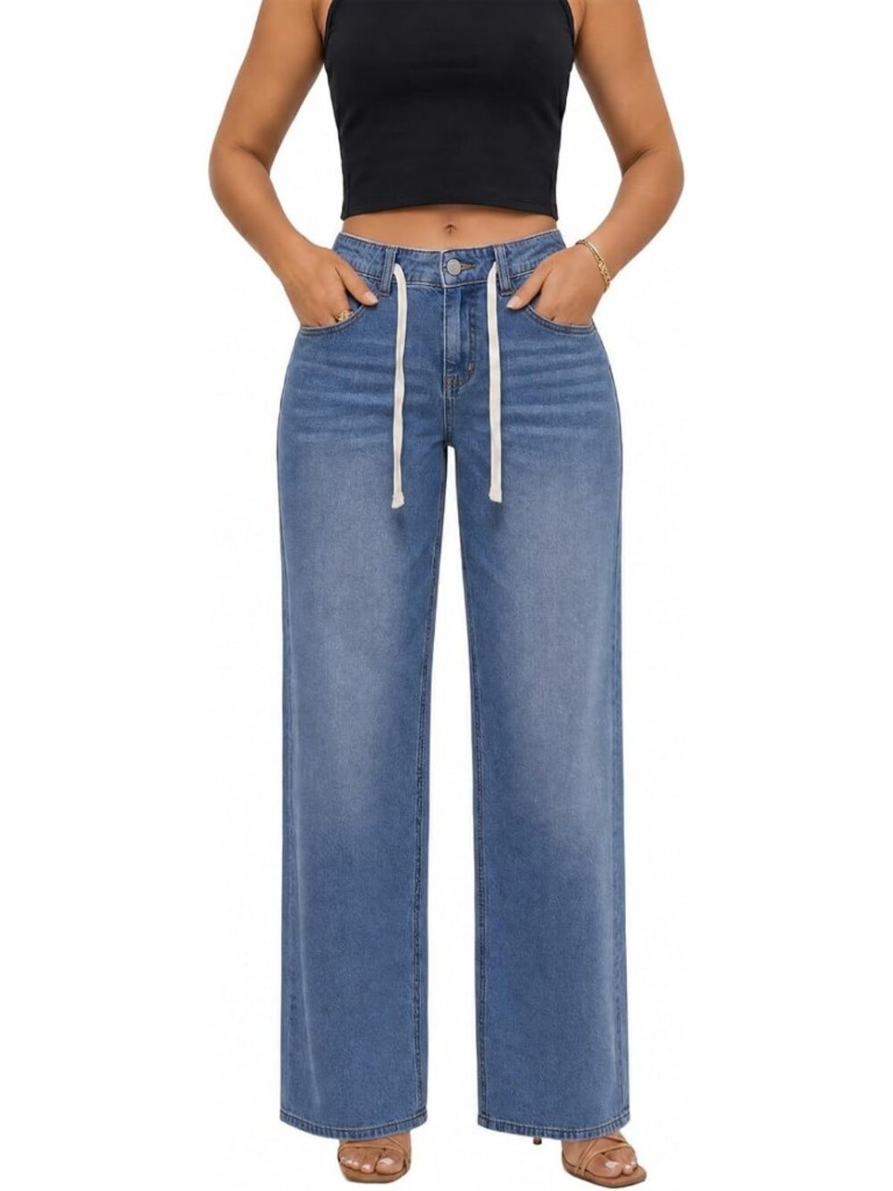 Mid Rise Wide Leg Denim Pants with Drawstring & Elastic Waist for Women